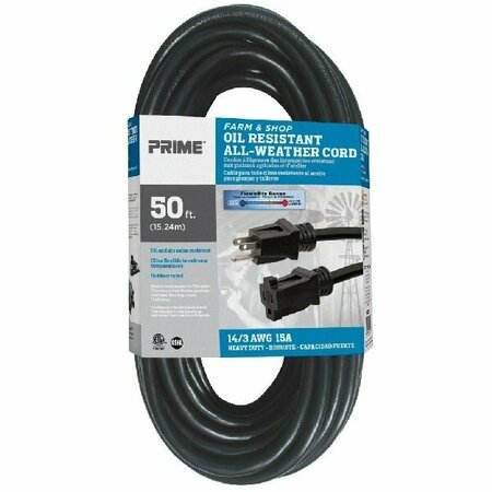 PRIME WIRE & CABLE Prime Farm & Shop Extension Cord, 14 AWG Cable, Plug, 50 ft L, 15 A, 125 V, Black EC532730